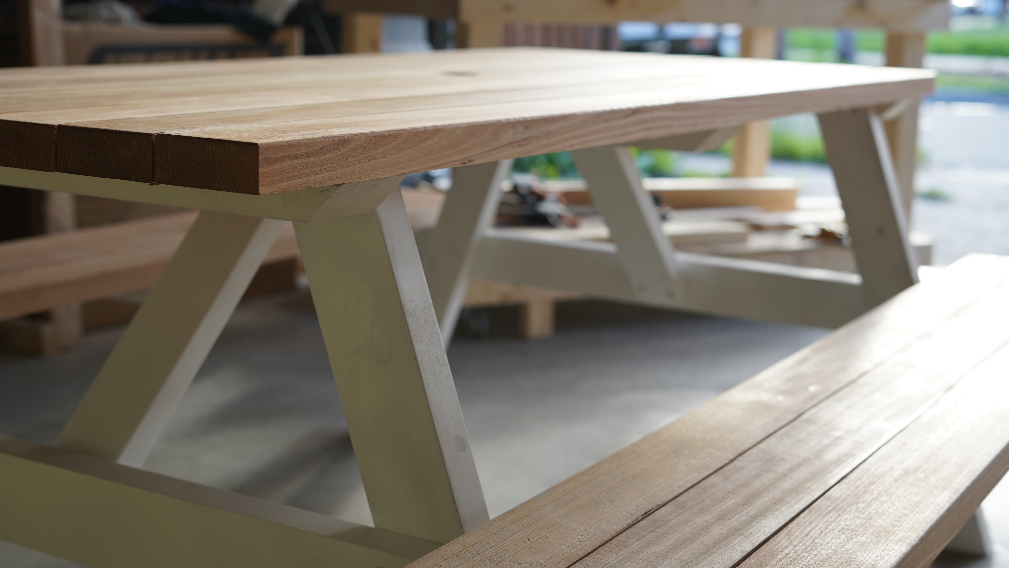 Classic solid timber picnic table outdoors
